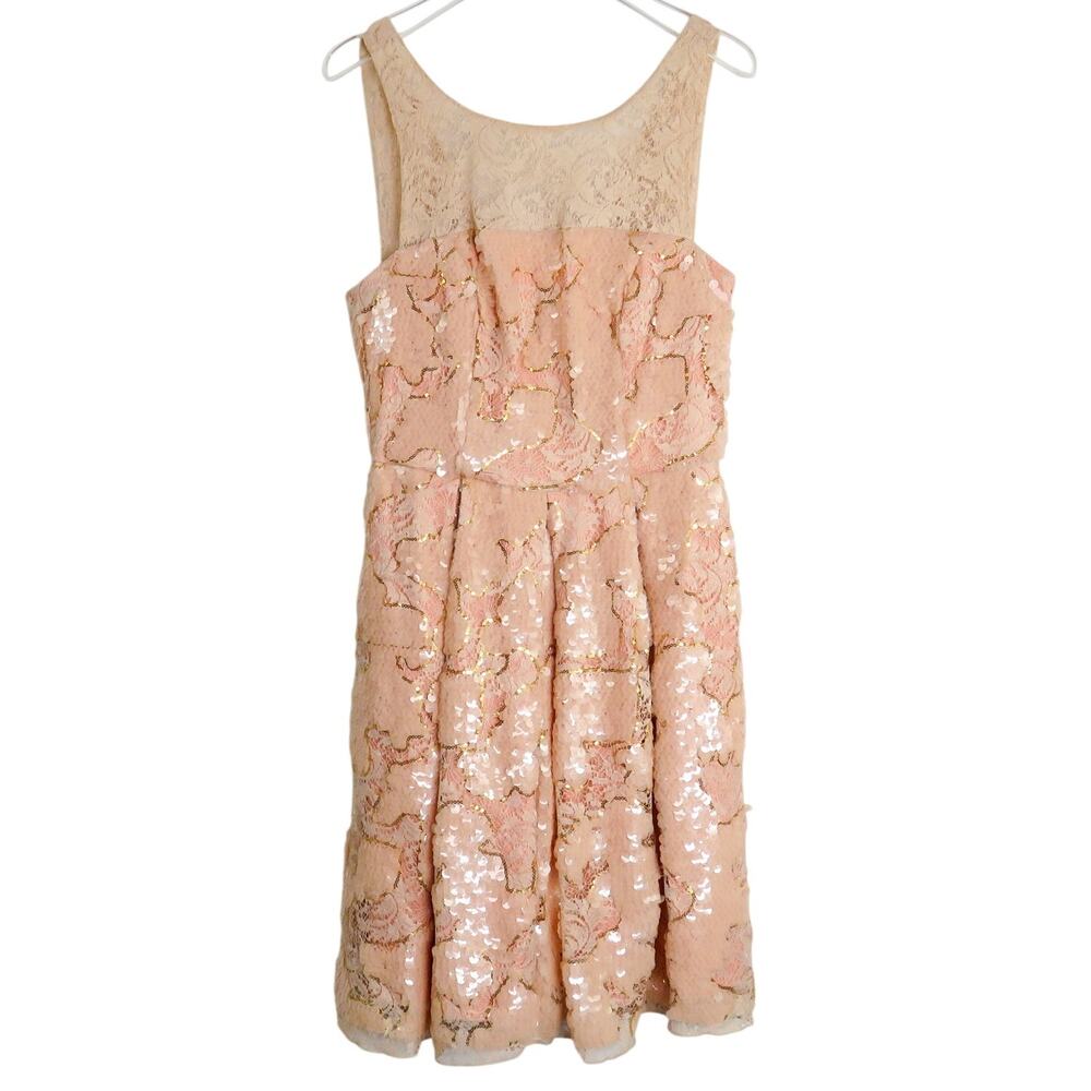 Anthropologie Eva Franco Sugarberry Sequin Lace Mini Dress Pink Gold Size 2